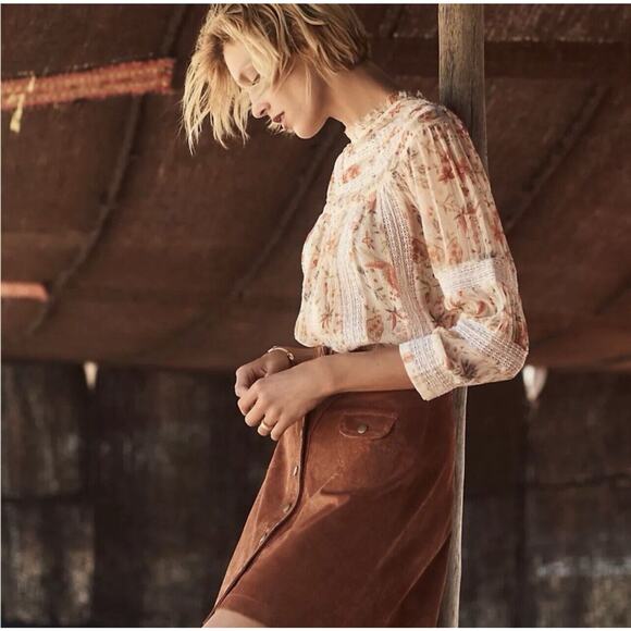 Feather Bone Anthropologie Sheer Boho Peasant Top Orange Olive Green Fall Sz 12 - Picture 5 of 11